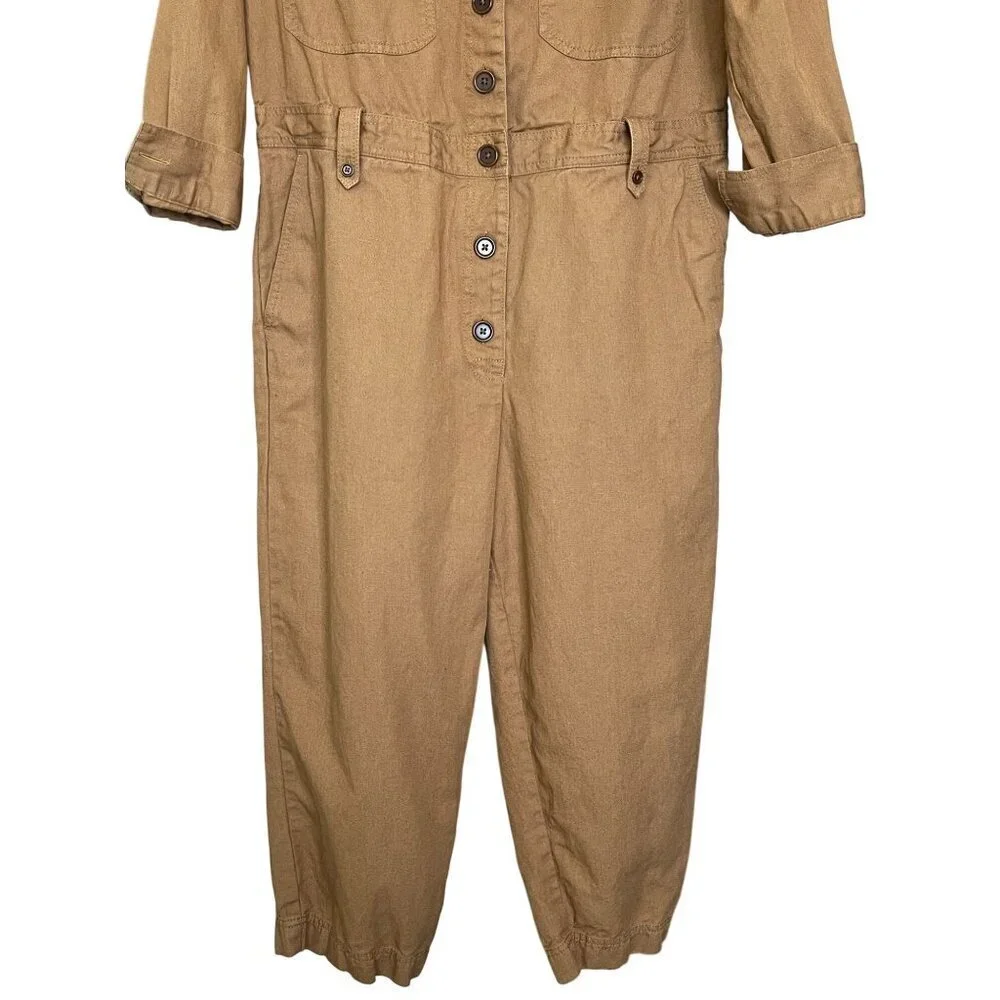 RE/DONE Cotton Linen Utility Boiler Jumpsuit Brown Size 12 Button Front
